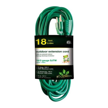 Gogreen SJTW Extension Cord, 16 AWG, Outdoor, 16/3, 1 Outlets, Green, 8 ft GG-13718GN